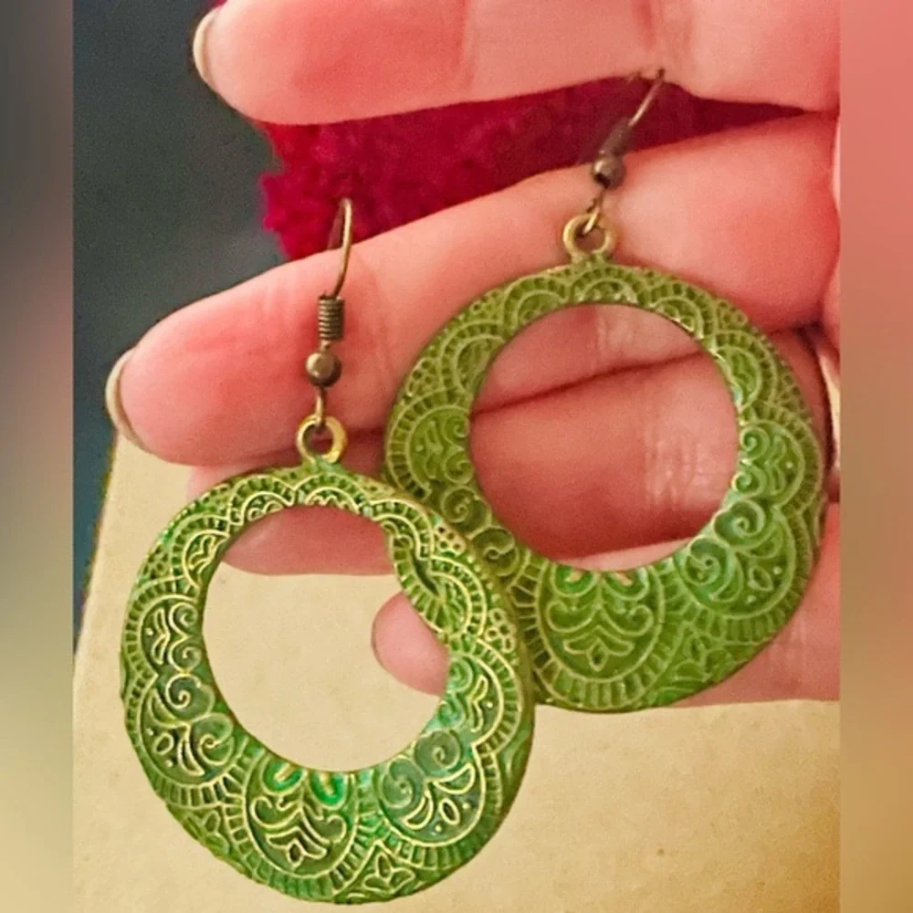 Antique Brass Boho Drop Earrings with Embossed Mandala Design in Green Patina - Picture 2 of 12